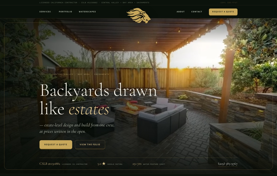Green Lion Landscape website homepage — “Backyards drawn like estates”