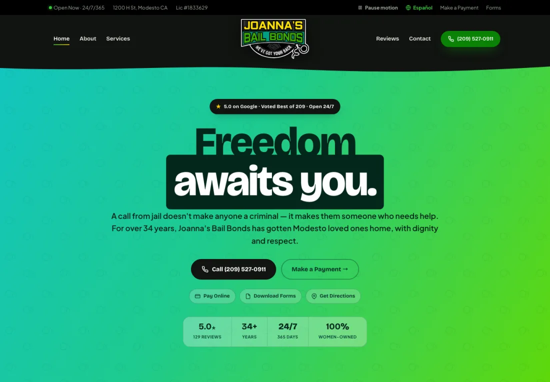 Joanna’s Bail Bonds website homepage — “Freedom awaits you.”