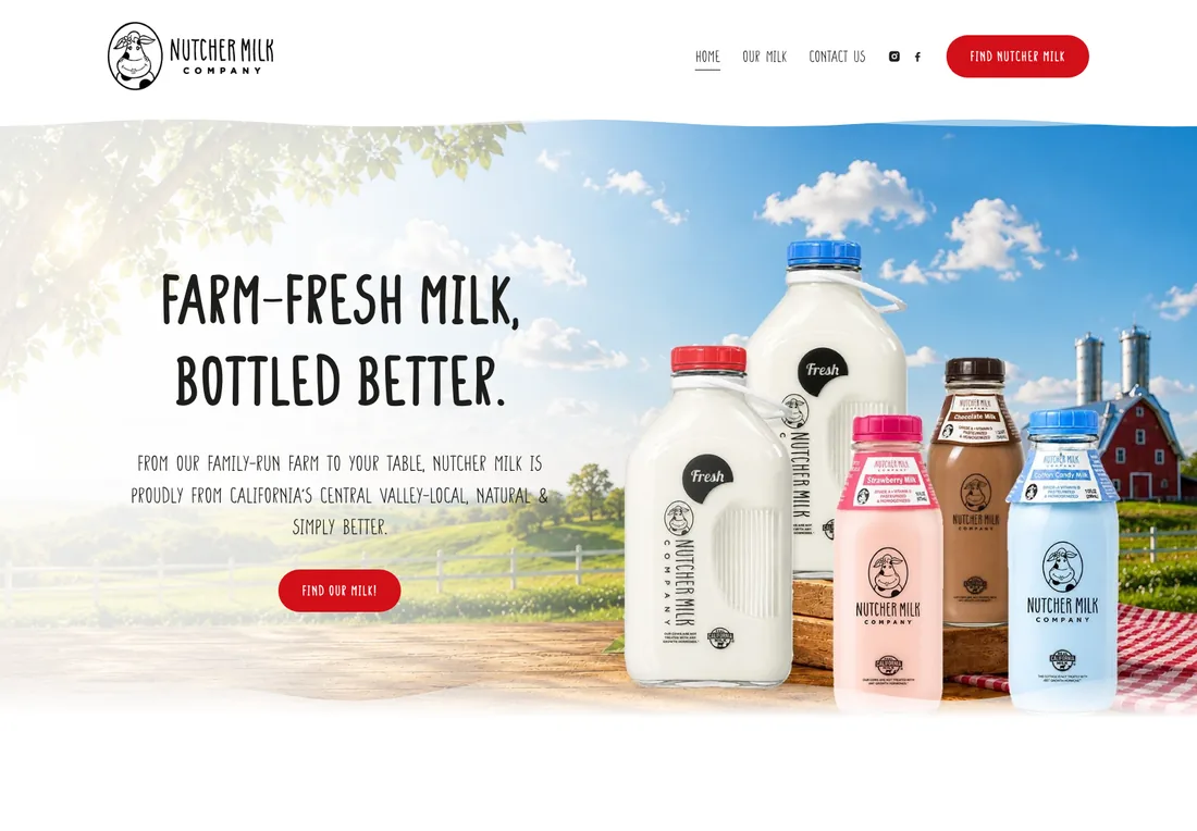 Nutcher Milk Company website homepage — “Farm-fresh milk, bottled better.”